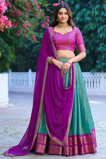 Ethnic Kanchipuram Silk Zari Border Lehenga Set