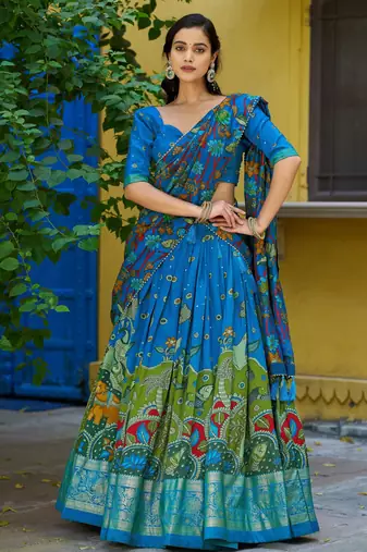 Ethnic Tasar Silk Kalamkari Printed Lehenga Choli with Foil Border