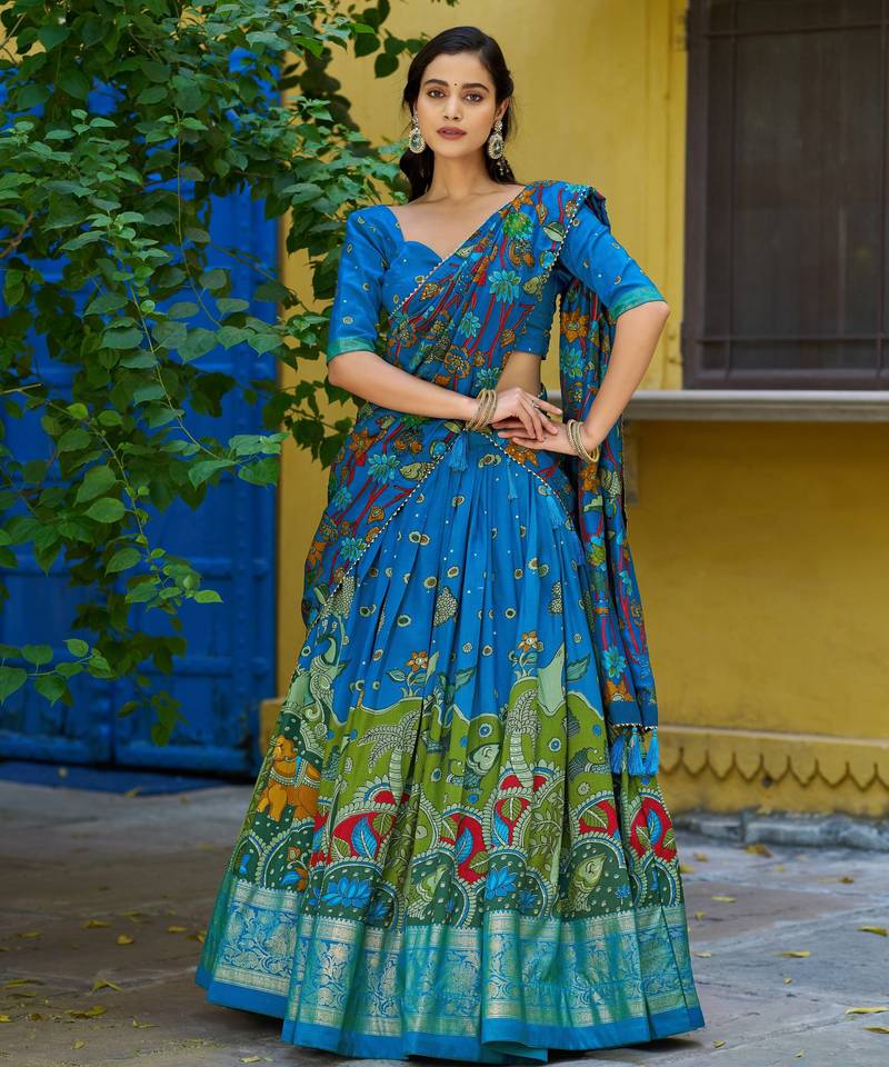 Ethnic Tasar Silk Kalamkari Printed Lehenga Choli with Foil Border