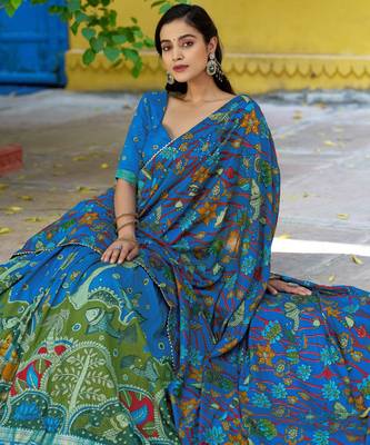 Ethnic Tasar Silk Kalamkari Printed Lehenga Choli with Foil Border 2