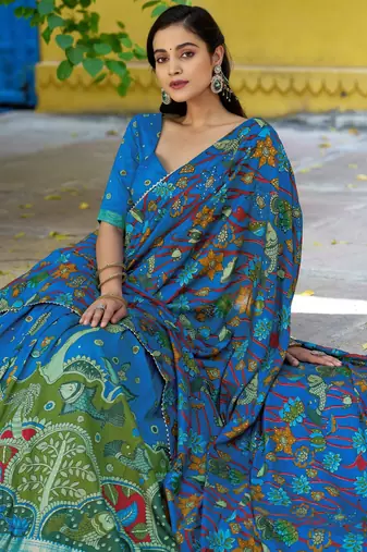 Ethnic Tasar Silk Kalamkari Printed Lehenga Choli with Foil Border