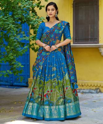 Ethnic Tasar Silk Kalamkari Printed Lehenga Choli with Foil Border 4
