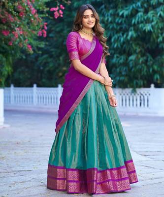 Ethnic Kanchipuram Silk Zari Border Lehenga Set 5