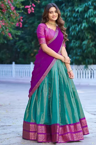 Ethnic Kanchipuram Silk Zari Border Lehenga Set