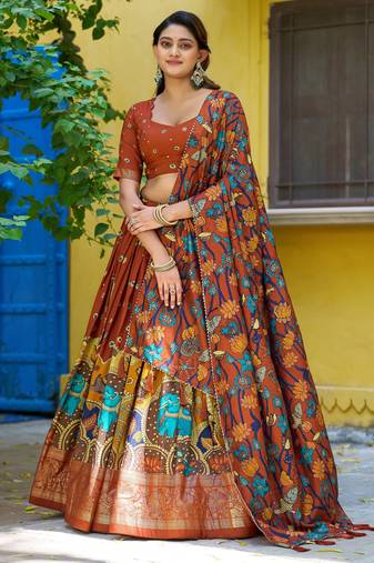 Ethnic Tasar Silk Kalamkari Printed Lehenga Choli with Foil Border