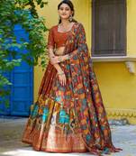 Ethnic Tasar Silk Kalamkari Printed Lehenga Choli with Foil Border