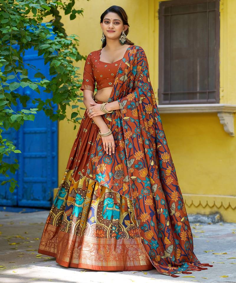 Ethnic Tasar Silk Kalamkari Printed Lehenga Choli with Foil Border