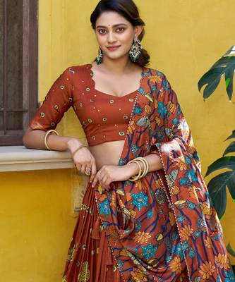 Ethnic Tasar Silk Kalamkari Printed Lehenga Choli with Foil Border 2