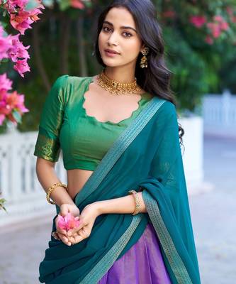 Ethnic Kanchipuram Silk Zari Border Lehenga Set 3