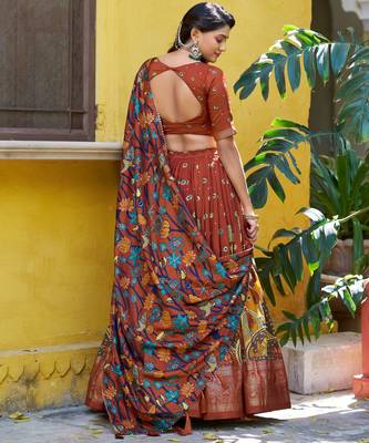 Ethnic Tasar Silk Kalamkari Printed Lehenga Choli with Foil Border 3