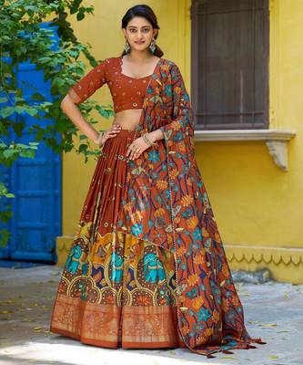 Ethnic Tasar Silk Kalamkari Printed Lehenga Choli with Foil Border 4