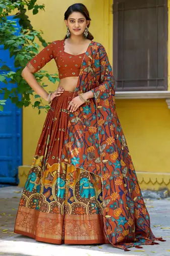 Ethnic Tasar Silk Kalamkari Printed Lehenga Choli with Foil Border