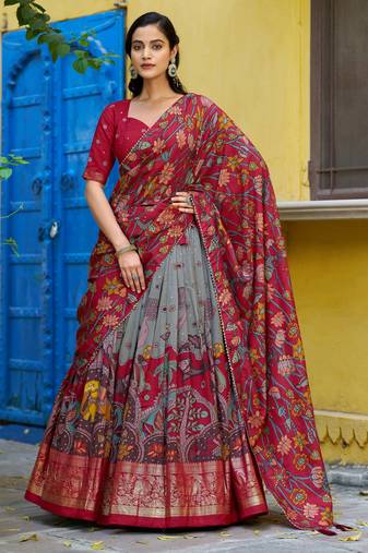 Ethnic Tasar Silk Kalamkari Printed Lehenga Choli with Foil Border