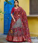 Ethnic Tasar Silk Kalamkari Printed Lehenga Choli with Foil Border