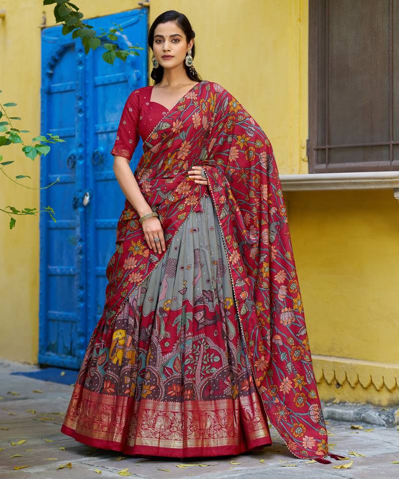 Ethnic Tasar Silk Kalamkari Printed Lehenga Choli with Foil Border