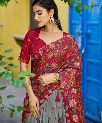 Ethnic Tasar Silk Kalamkari Printed Lehenga Choli with Foil Border 2