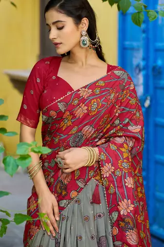 Ethnic Tasar Silk Kalamkari Printed Lehenga Choli with Foil Border