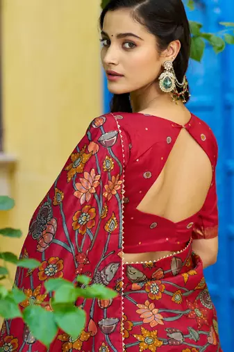 Ethnic Tasar Silk Kalamkari Printed Lehenga Choli with Foil Border