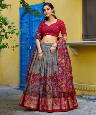 Ethnic Tasar Silk Kalamkari Printed Lehenga Choli with Foil Border 4