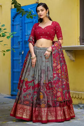 Ethnic Tasar Silk Kalamkari Printed Lehenga Choli with Foil Border