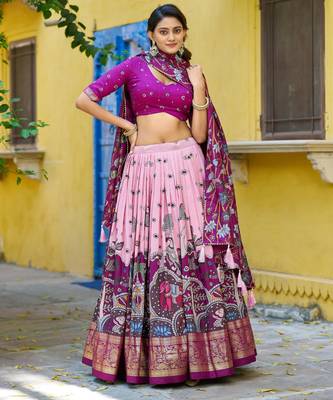 Ethnic Tasar Silk Kalamkari Printed Lehenga Choli with Foil Border 1