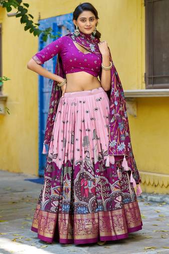Ethnic Tasar Silk Kalamkari Printed Lehenga Choli with Foil Border