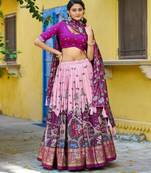 Ethnic Tasar Silk Kalamkari Printed Lehenga Choli with Foil Border