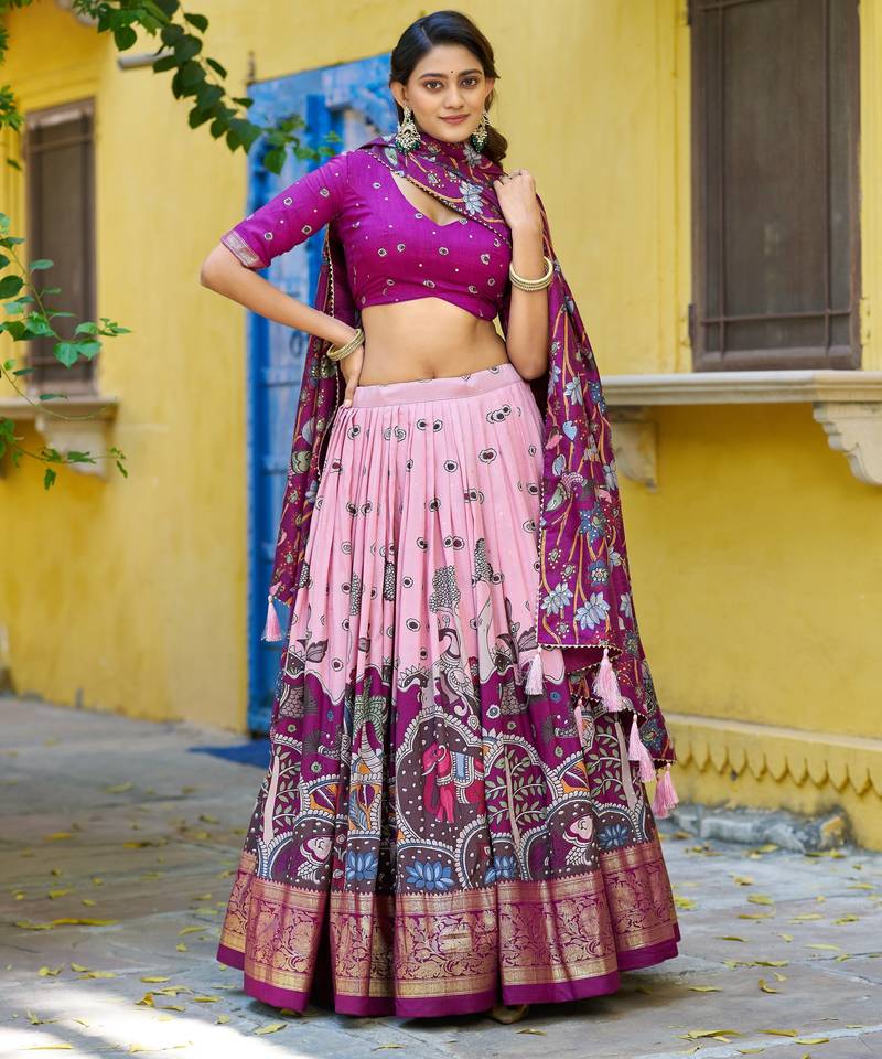 Ethnic Tasar Silk Kalamkari Printed Lehenga Choli with Foil Border