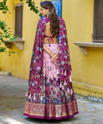 Ethnic Tasar Silk Kalamkari Printed Lehenga Choli with Foil Border 3