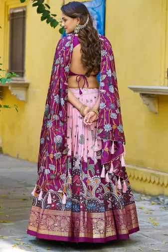 Ethnic Tasar Silk Kalamkari Printed Lehenga Choli with Foil Border