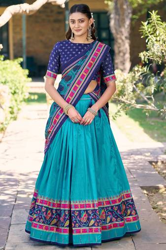 Designer Tasar Silk Printed Lehenga Choli with Iconic Sparkle Edition.