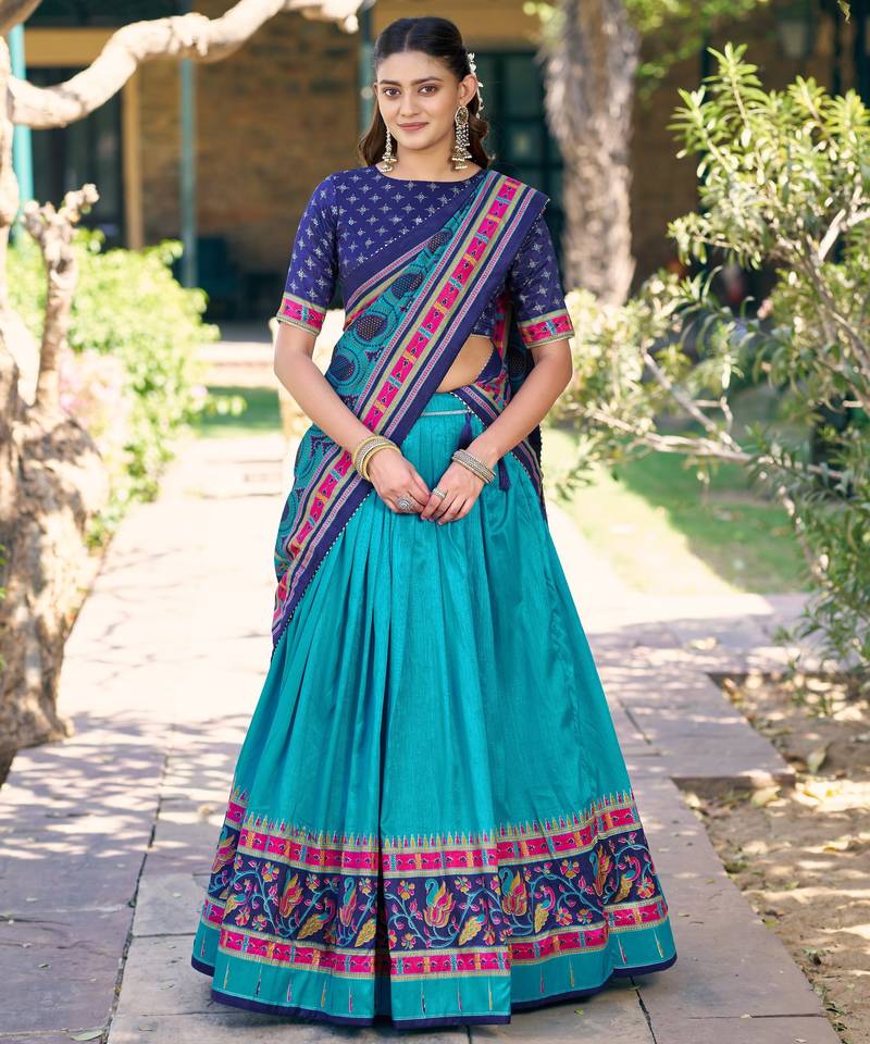 Designer Tasar Silk Printed Lehenga Choli with Iconic Sparkle Edition.