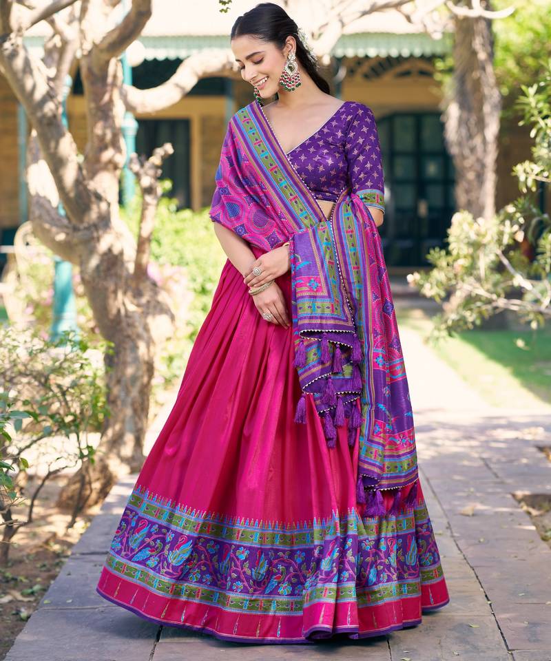 Designer Tasar Silk Printed Lehenga Choli with Iconic Sparkle Edition.