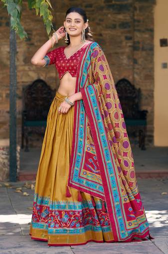 Designer Tasar Silk Printed Lehenga Choli with Iconic Sparkle Edition.