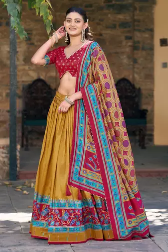 Designer Tasar Silk Printed Lehenga Choli with Iconic Sparkle Edition.