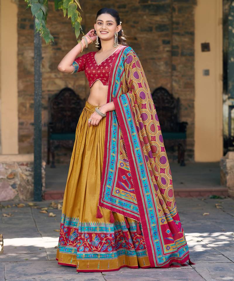 Designer Tasar Silk Printed Lehenga Choli with Iconic Sparkle Edition.