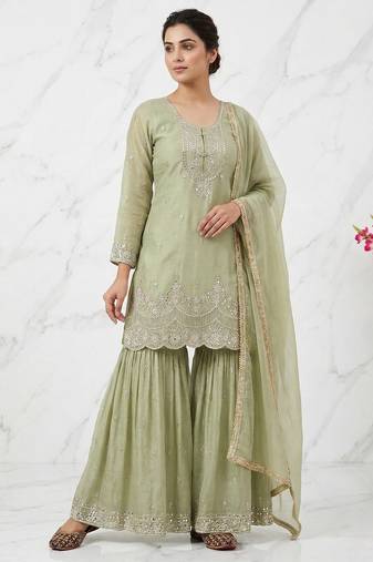 Green embroidered heavy crunchy silk sharara suit