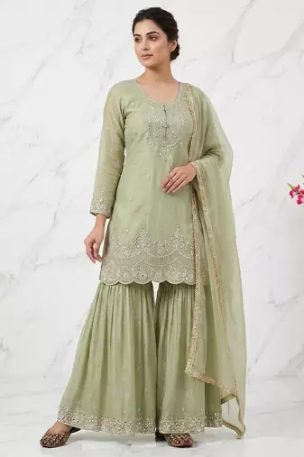 Green embroidered heavy crunchy silk sharara suit