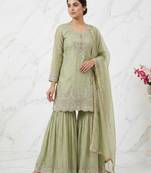 Green embroidered heavy crunchy silk sharara suit
