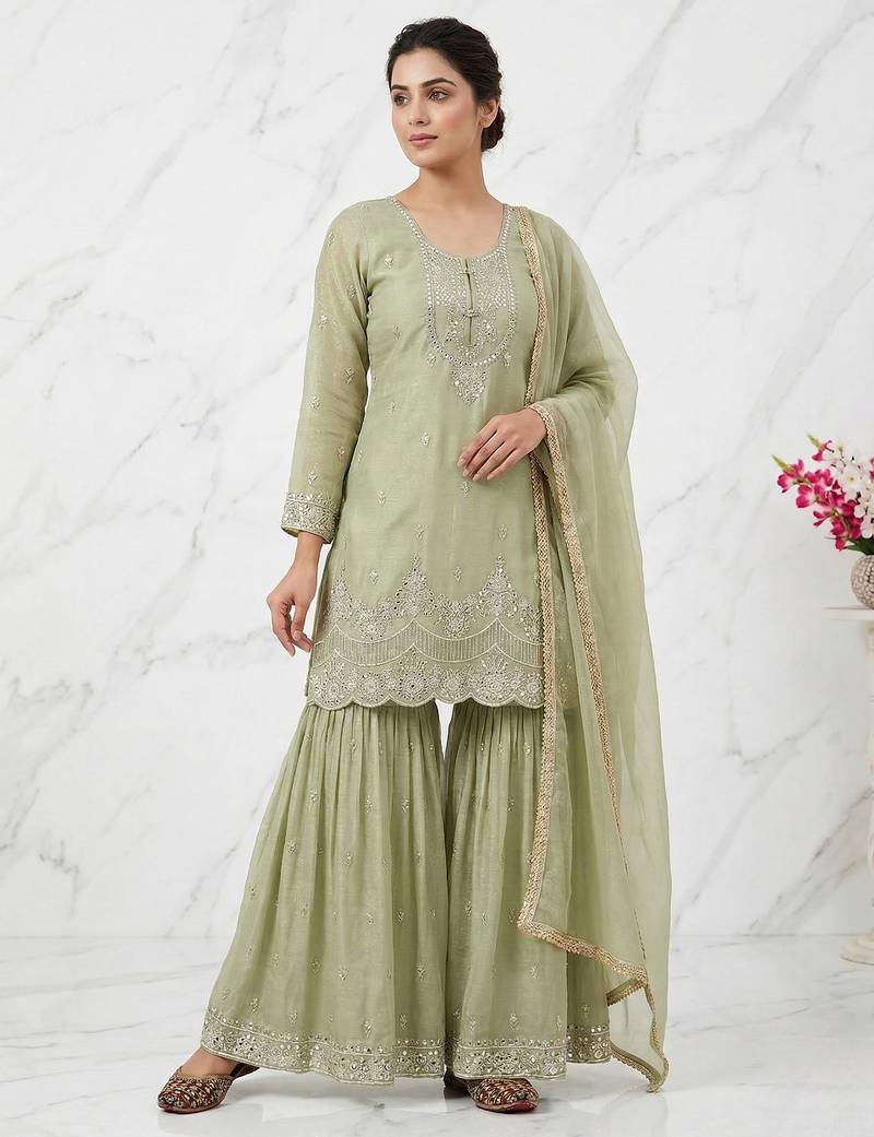Green embroidered heavy crunchy silk sharara suit