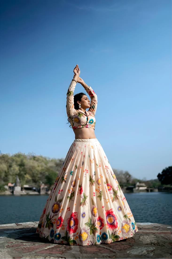 Timeless floral charm in a luxurious Tasar Silk Lehenga Choli