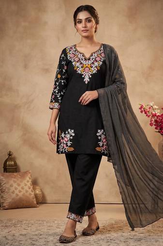 Black heavy roman silk embroidered designer salwar suit