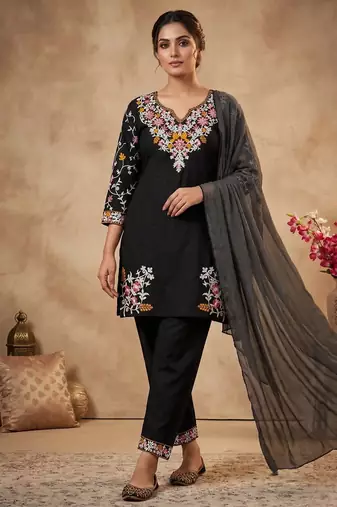 Black heavy roman silk embroidered designer salwar suit