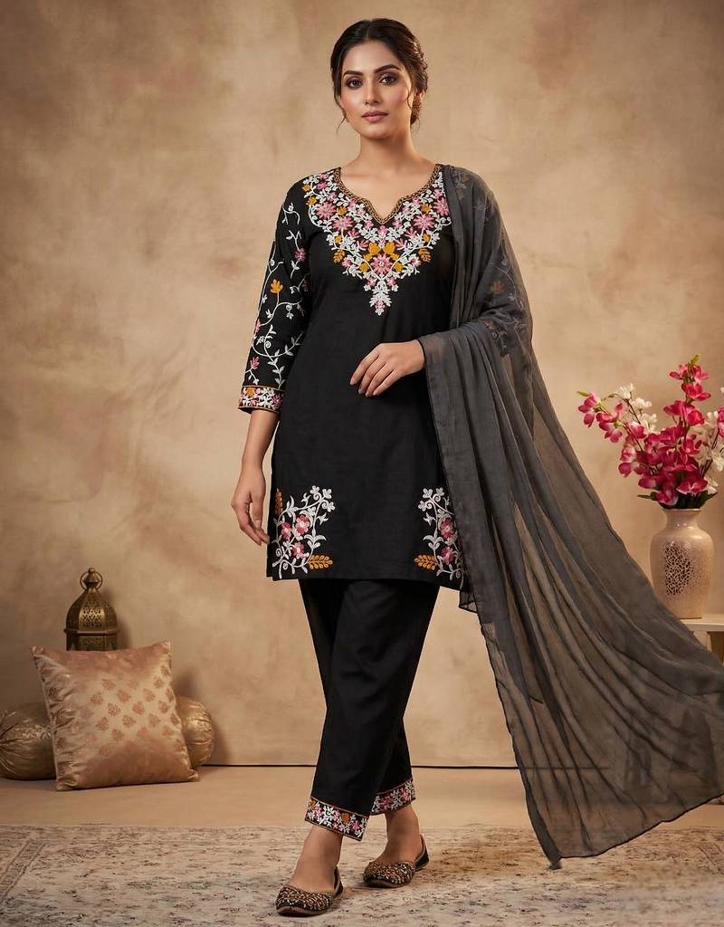 Black heavy roman silk embroidered designer salwar suit
