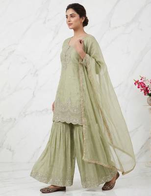 Green embroidered heavy crunchy silk sharara suit 2