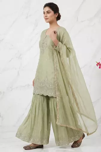 Green embroidered heavy crunchy silk sharara suit