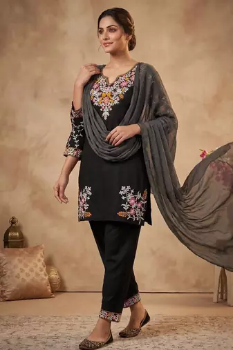 Black heavy roman silk embroidered designer salwar suit