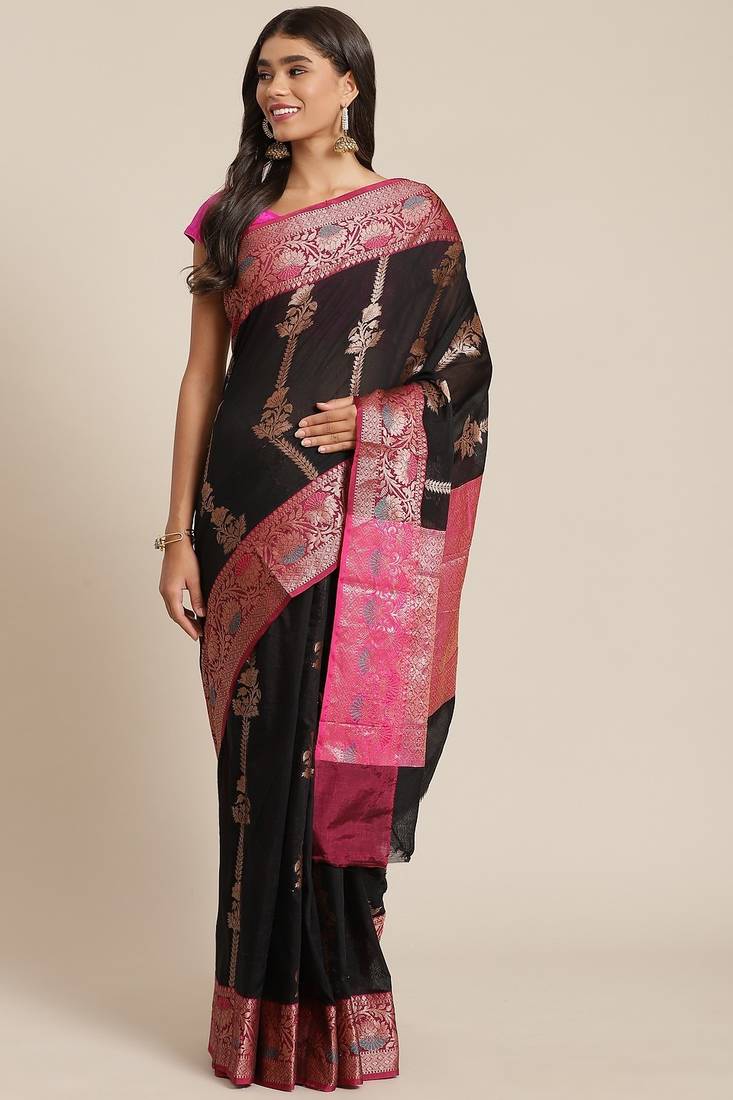 Banarasi silk blend cotton saree in black  colour with zari work
