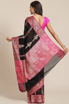 Banarasi silk blend cotton saree in black  colour with zari work 2