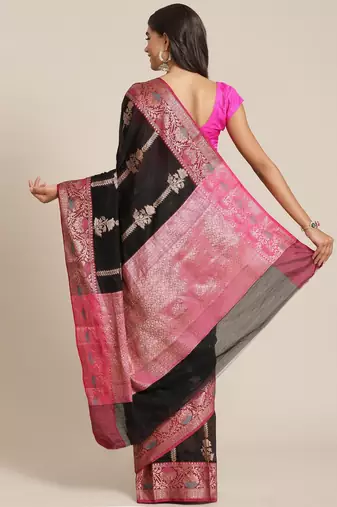 Banarasi silk blend cotton saree in black  colour with zari work
